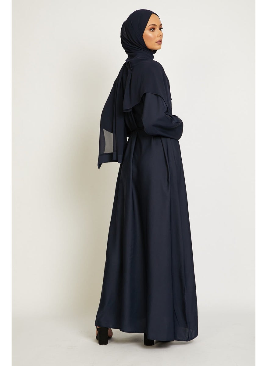 Elegant Navy Blue plain abaya wityh belt and Hijab-AB86