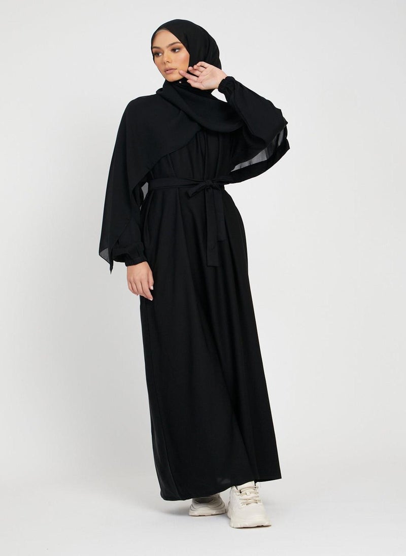 Elegant Black plain abaya wityh belt and Hijab-AB82