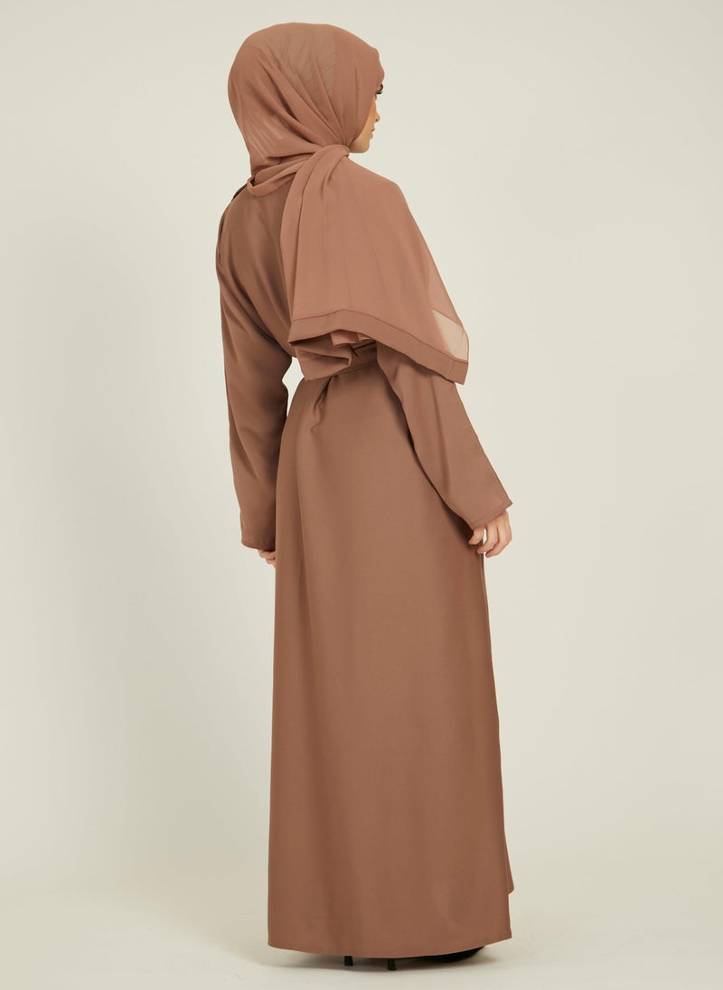 Elegant Brown plain abaya wityh belt and Hijab-AB52