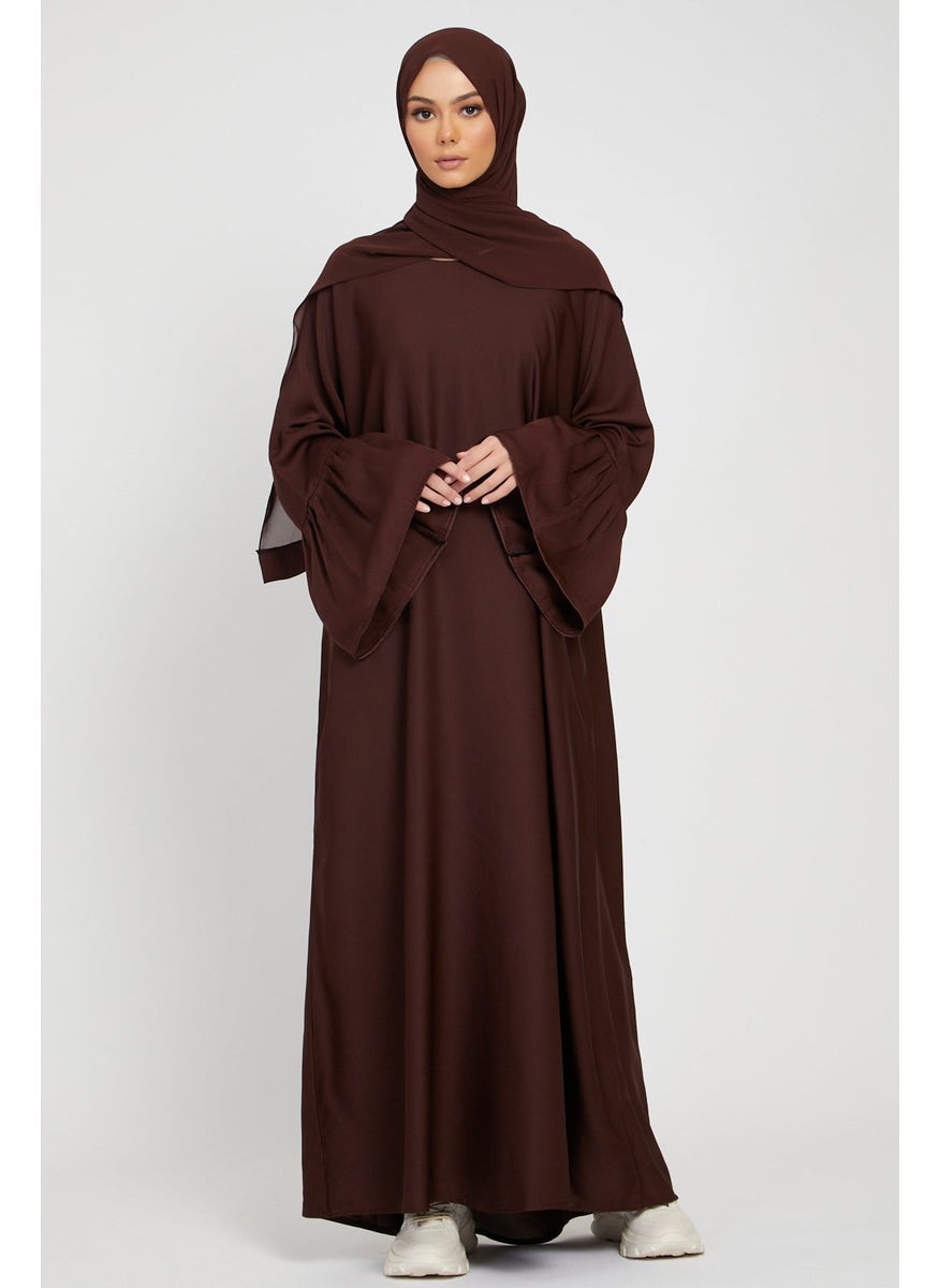 Elegant Tan plain abaya wityh belt and Hijab-AB79