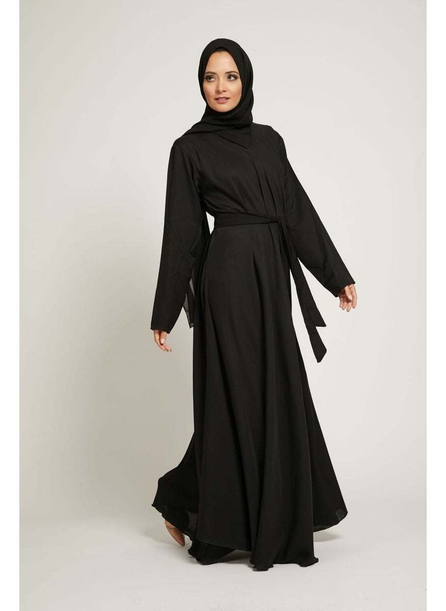 Elegant Black plain abaya wityh belt and Hijab-AB88