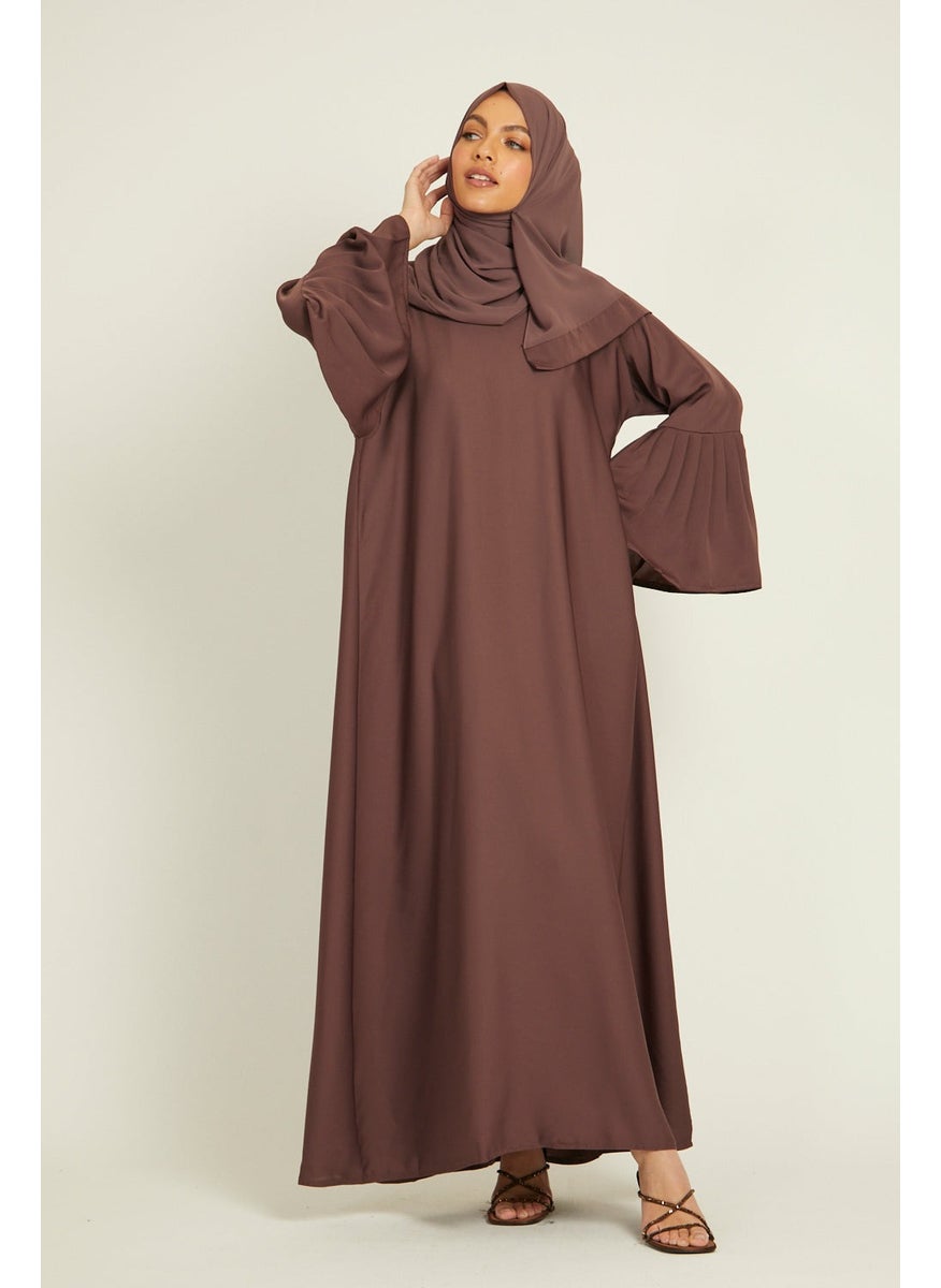 Elegant Tan plain abaya wityh belt and Hijab-AB47