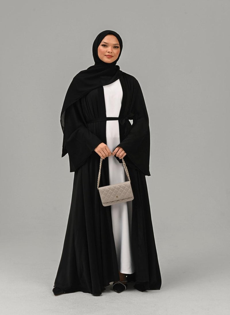Elegant Black plain abaya wityh belt and Hijab-AB55