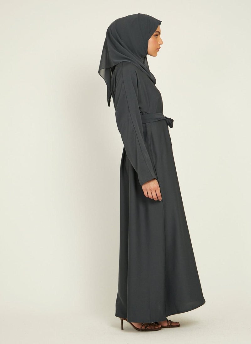 Elegant Grey plain abaya wityh belt and Hijab-AB50