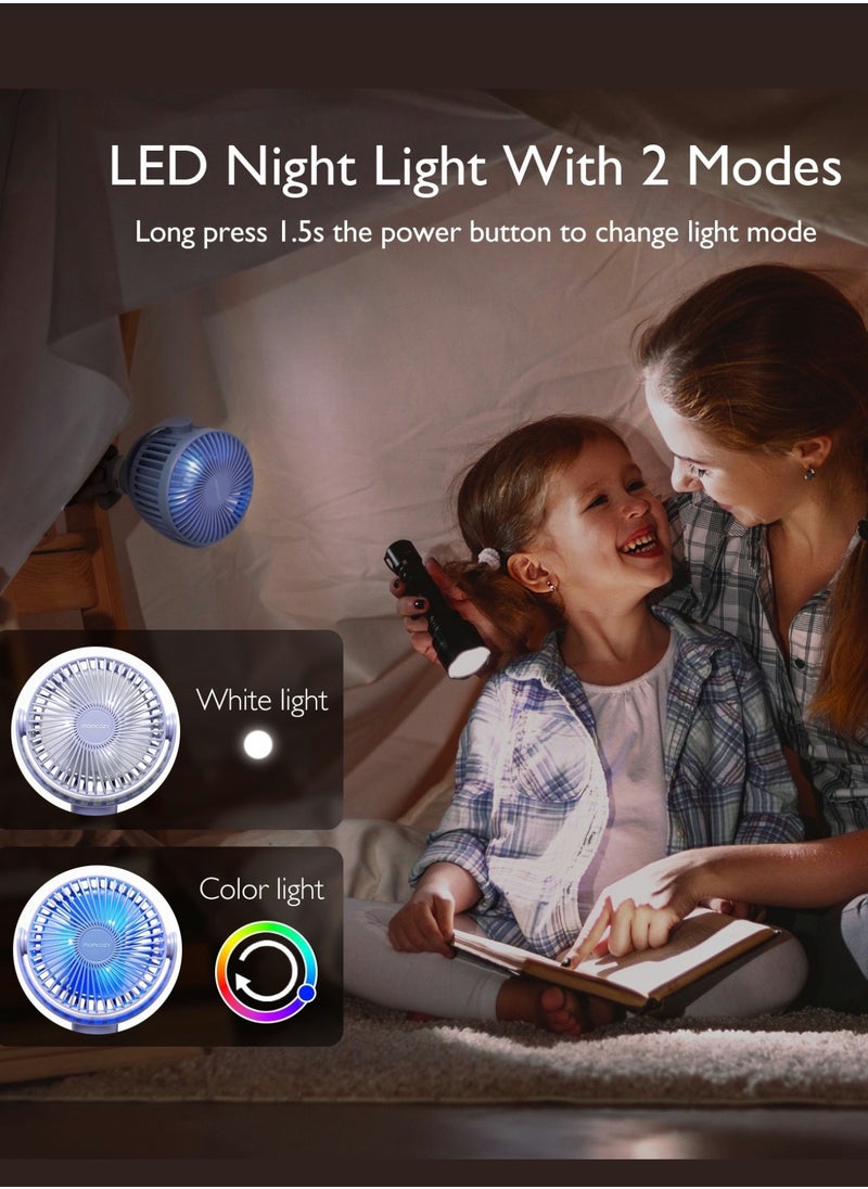 Portable Stroller Fan, 27H Ultra-long Battery Life, Detachable 4 Speed 360°Rotate, LED Night Light with 2 Modes