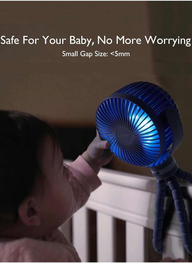 Portable Stroller Fan, 27H Ultra-long Battery Life, Detachable 4 Speed 360°Rotate, LED Night Light with 2 Modes