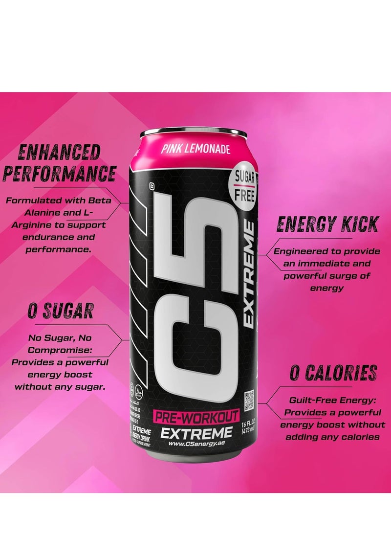 C5 Energy Drink Extreme Pink Lemonade, Pre-Workout, 200mg Caffeine, Sugar Free, Zero Calories with Beta Alanine, L-Arginine 16fl.OZ, 473ml pre workout supplement Pack of 12