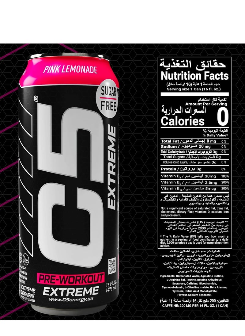 C5 Energy Drink Extreme Pink Lemonade, Pre-Workout, 200mg Caffeine, Sugar Free, Zero Calories with Beta Alanine, L-Arginine 16fl.OZ, 473ml pre workout supplement Pack of 12