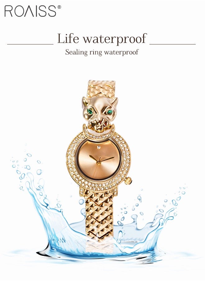 Shine Gold Bracelet Quartz Watch for Women, Analog Display Round Gold Dial Watch Decorated with Leopard Head Pattern and Rhinestones, Waterproof Retro Watch as Gift for Ladies