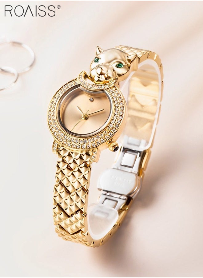 Shine Gold Bracelet Quartz Watch for Women, Analog Display Round Gold Dial Watch Decorated with Leopard Head Pattern and Rhinestones, Waterproof Retro Watch as Gift for Ladies