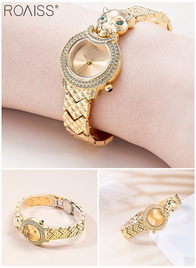 Shine Gold Bracelet Quartz Watch for Women, Analog Display Round Gold Dial Watch Decorated with Leopard Head Pattern and Rhinestones, Waterproof Retro Watch as Gift for Ladies
