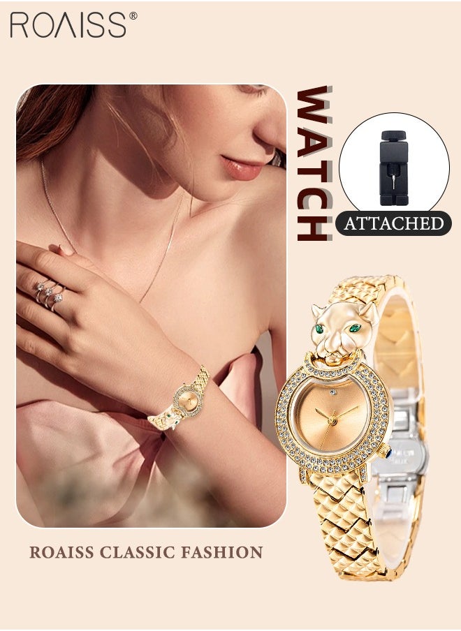 Shine Gold Bracelet Quartz Watch for Women, Analog Display Round Gold Dial Watch Decorated with Leopard Head Pattern and Rhinestones, Waterproof Retro Watch as Gift for Ladies