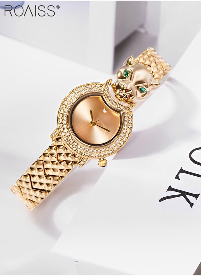Shine Gold Bracelet Quartz Watch for Women, Analog Display Round Gold Dial Watch Decorated with Leopard Head Pattern and Rhinestones, Waterproof Retro Watch as Gift for Ladies