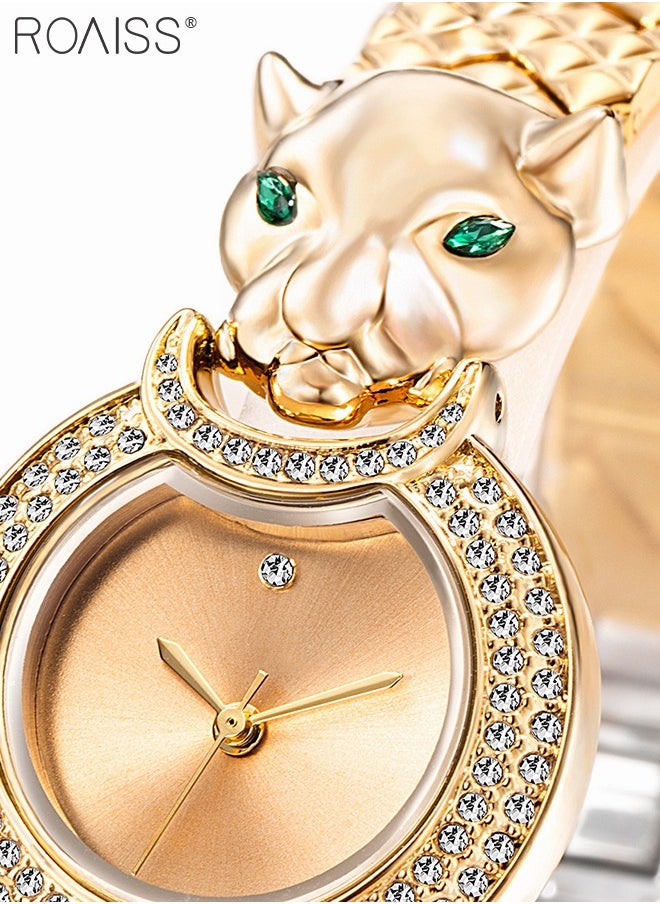 Shine Gold Bracelet Quartz Watch for Women, Analog Display Round Gold Dial Watch Decorated with Leopard Head Pattern and Rhinestones, Waterproof Retro Watch as Gift for Ladies