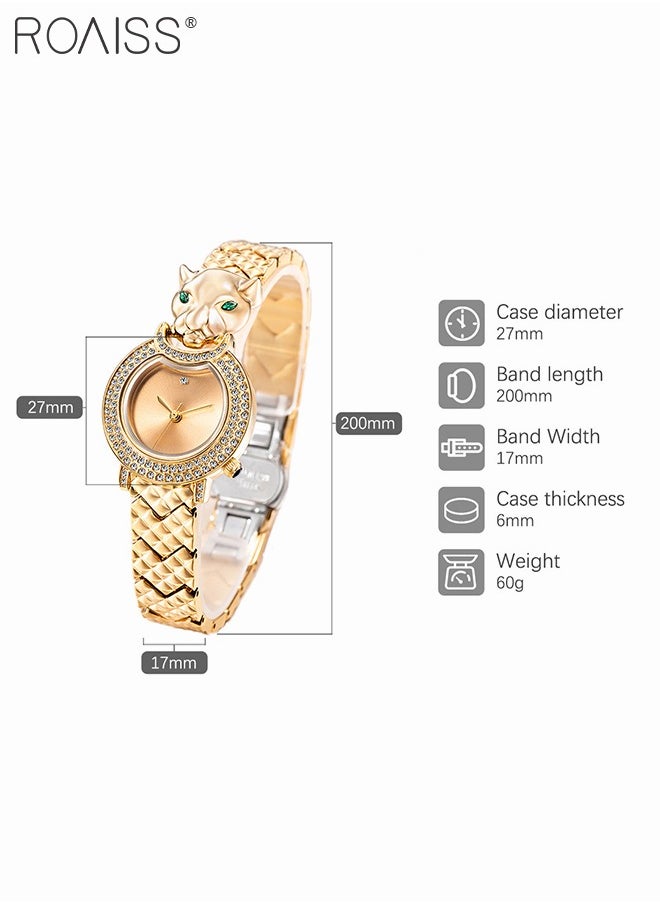 Shine Gold Bracelet Quartz Watch for Women, Analog Display Round Gold Dial Watch Decorated with Leopard Head Pattern and Rhinestones, Waterproof Retro Watch as Gift for Ladies