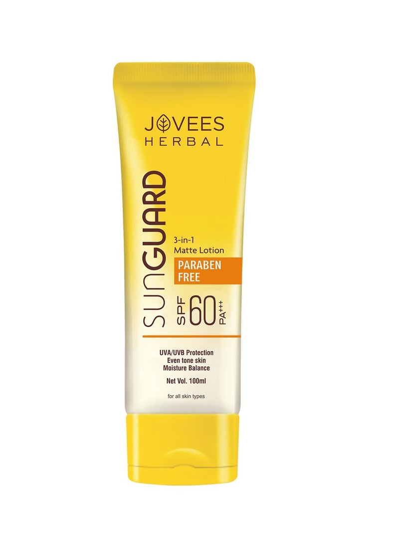 Jovees Herbal Sun Guard Lotion SPF 60 Pa+++ Broad Spectrum For All Skin | 3 in 1 Matte Lotion UVA/UVB Protection, Moisture Balance, Even Tone Skin For Women/Men 100ml