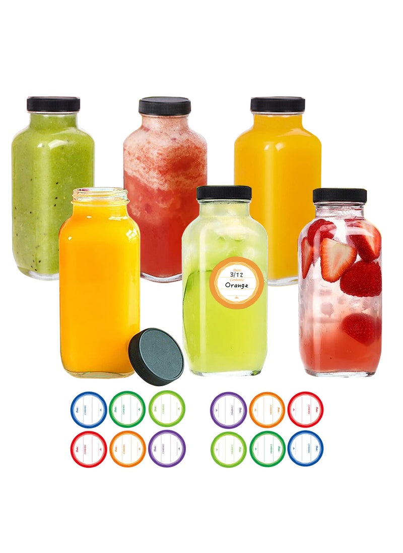 6 Pack Glass Juice Bottles 12oz, Reusable Glass Water Bottles with 12 pcs Labels and Plastic Lids Leak Proof, BPA Free, for Juicing, Smoothies, Tea, Milk Bottles