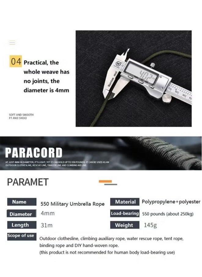 31m Paracord 9-strand Multi-functional Paracord Rope,  Standard 550 Parachute Rope Braided Line For Outdoor Camping Hunting Hiking Climbing
