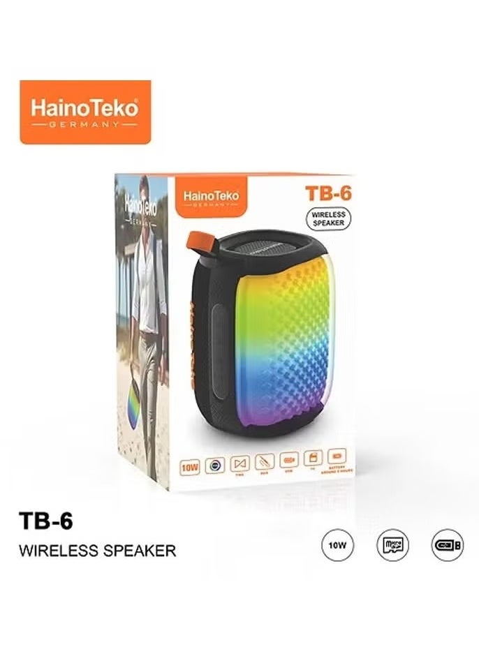 TB-6 Portable Wireless Bluetooth Speaker with RGB Lighting, 10W Output Power, Multi-Functional Button Control, Black – Stylish Sound Experience