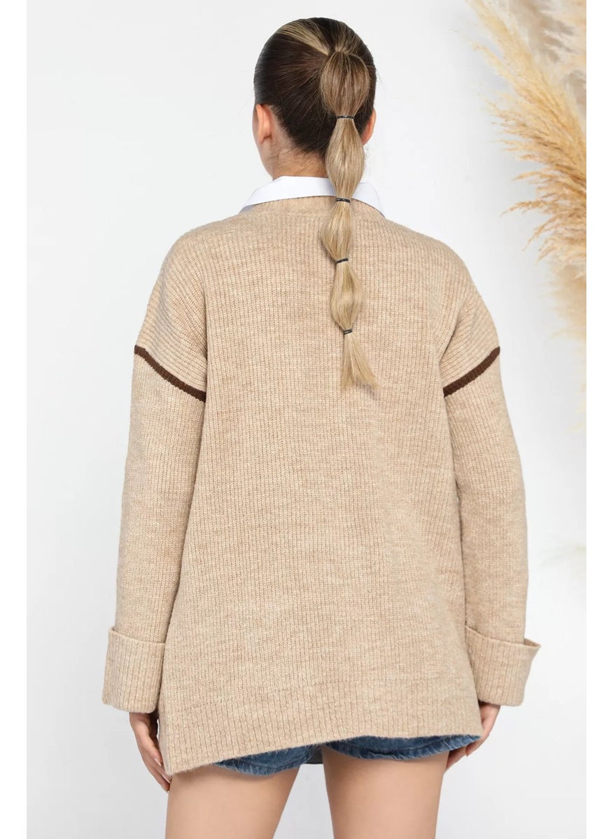 Women's Sleeve Folded Stripe Patterned Knitwear Cardigan