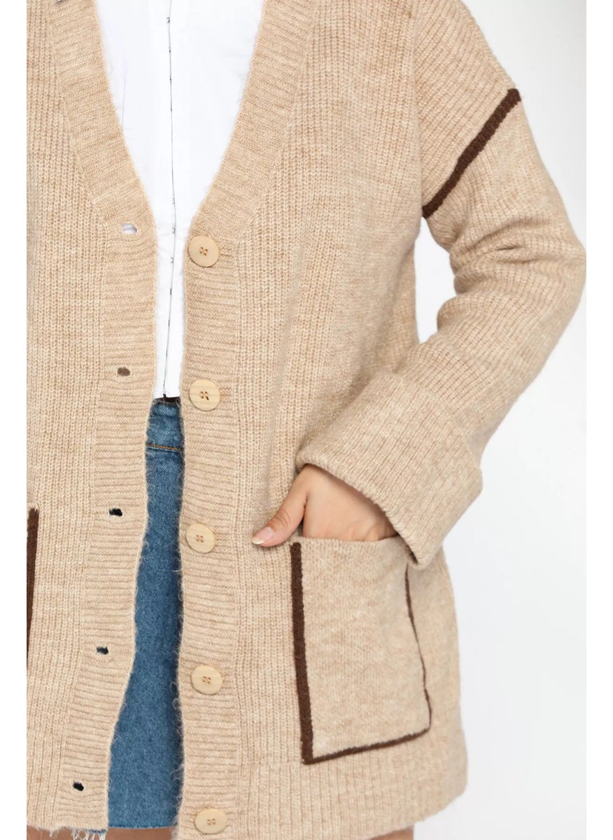 Women's Sleeve Folded Stripe Patterned Knitwear Cardigan