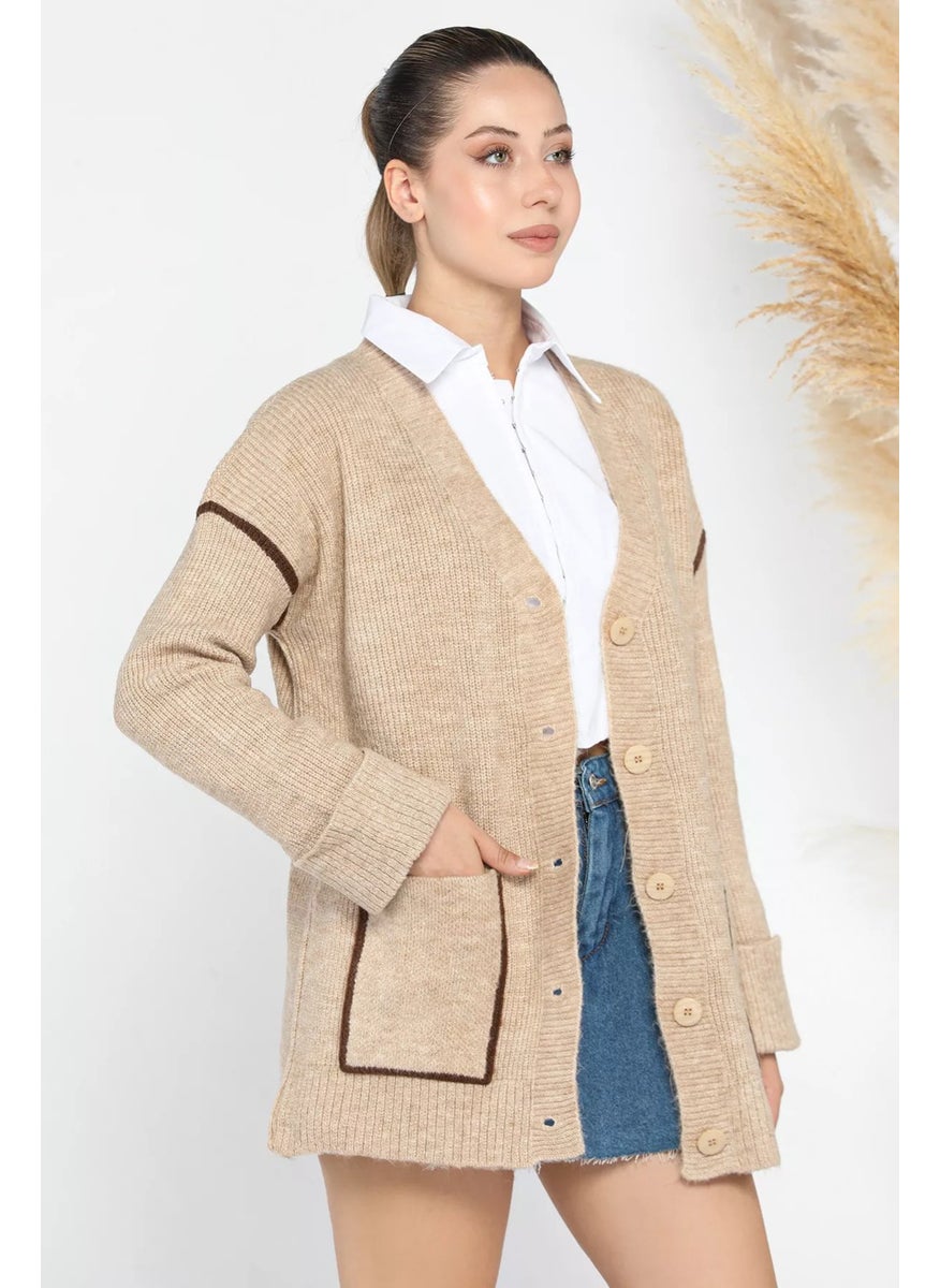 Women's Sleeve Folded Stripe Patterned Knitwear Cardigan