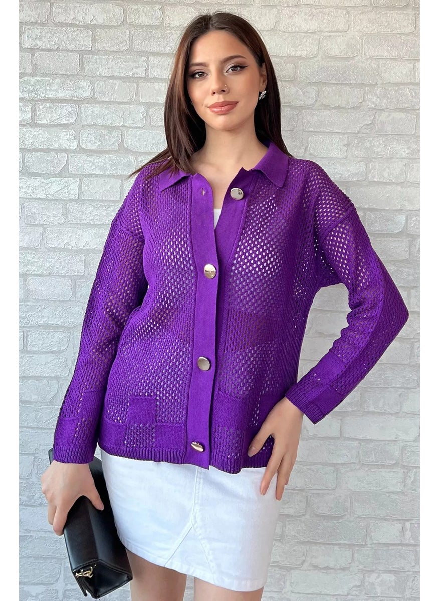 Gold Button Detailed Openwork Women's Knitted Cardigan