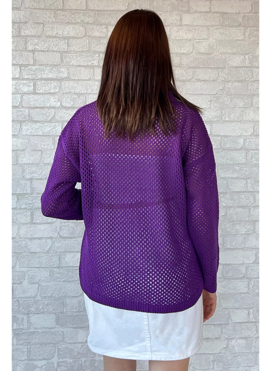 Gold Button Detailed Openwork Women's Knitted Cardigan