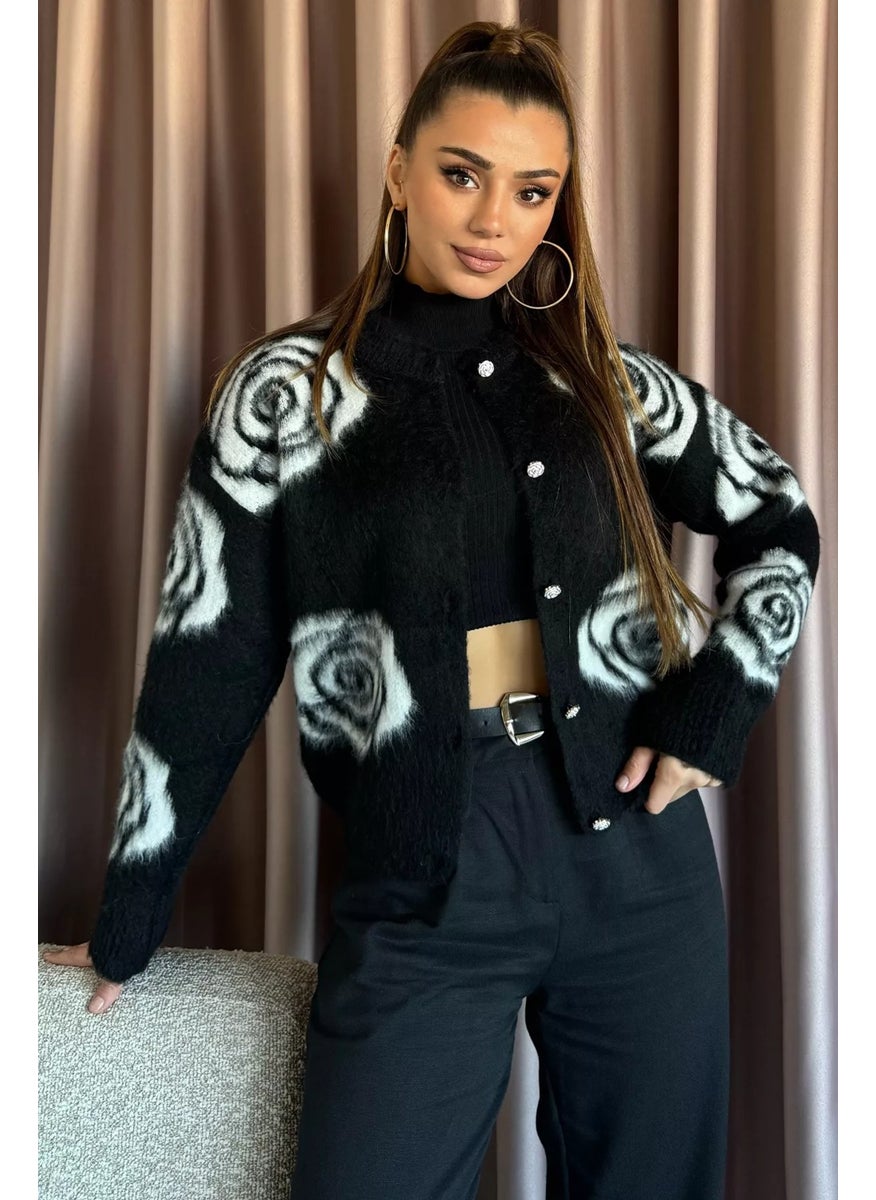Women's Rose Patterned Buttoned Knitwear Cardigan