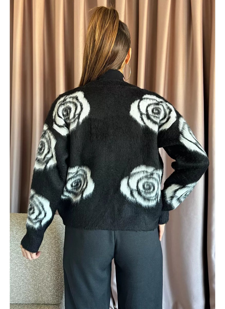 Women's Rose Patterned Buttoned Knitwear Cardigan