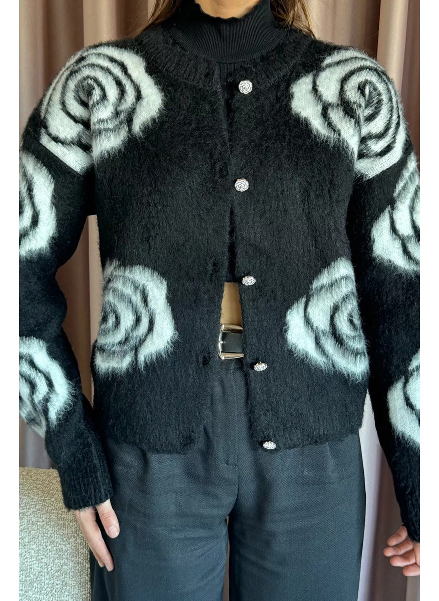 Women's Rose Patterned Buttoned Knitwear Cardigan