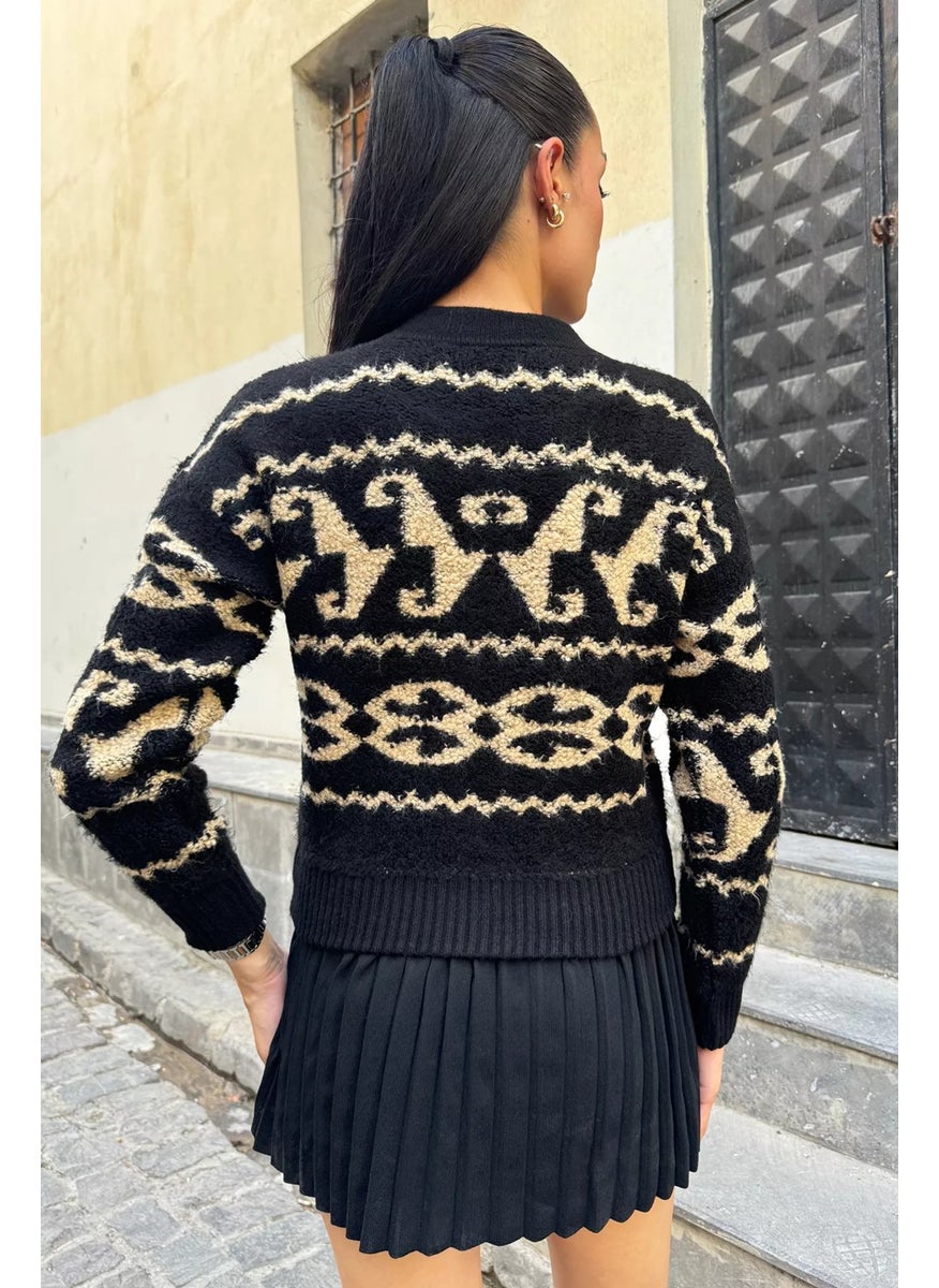 Rose Patterned Zippered Knitwear Cardigan