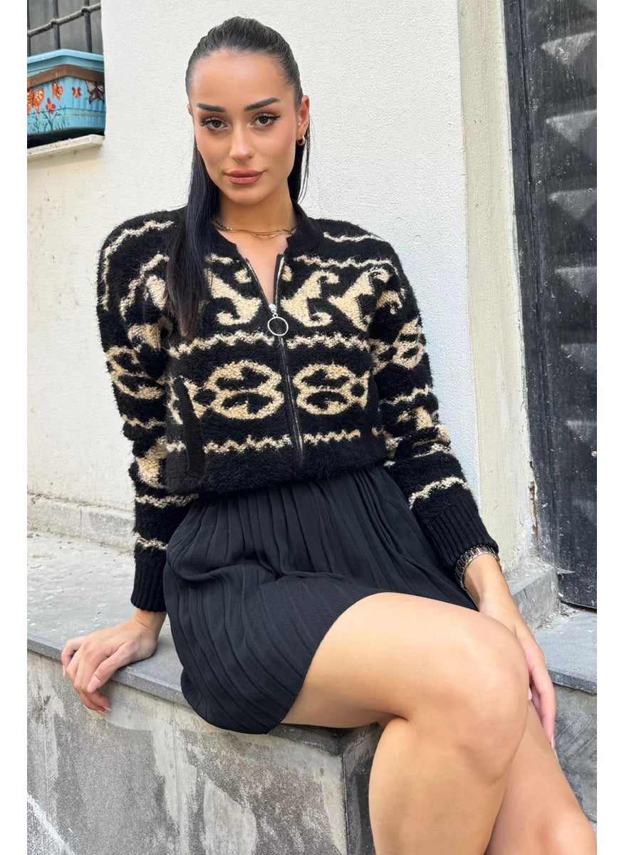 Rose Patterned Zippered Knitwear Cardigan