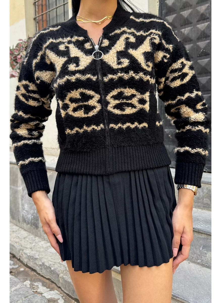 Rose Patterned Zippered Knitwear Cardigan