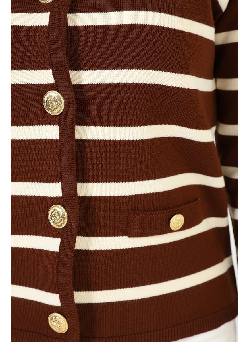 Women's Front Buttoned Striped Patterned Knitwear Cardigan (S-M-L Size Compatible)