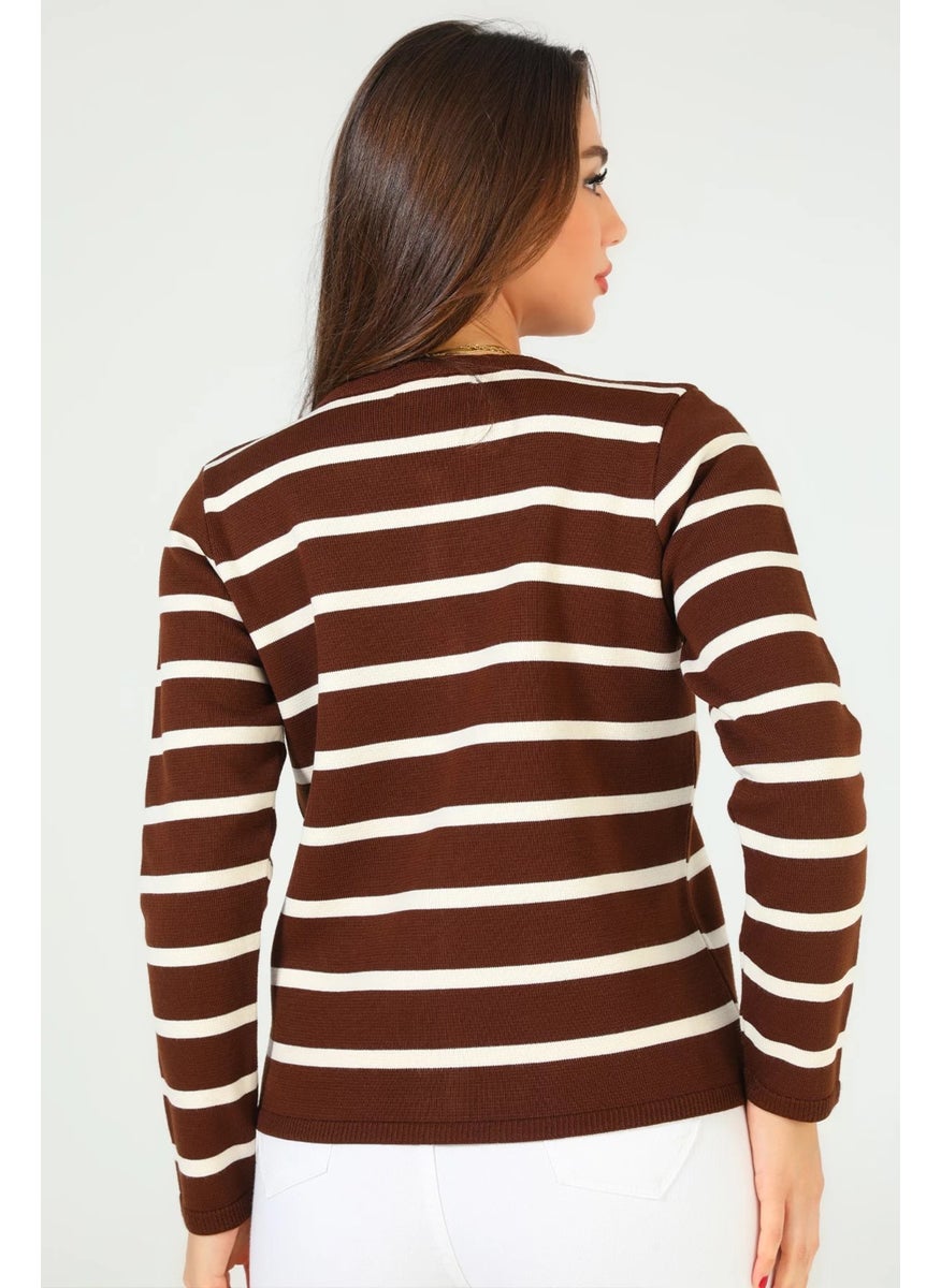 Women's Front Buttoned Striped Patterned Knitwear Cardigan (S-M-L Size Compatible)