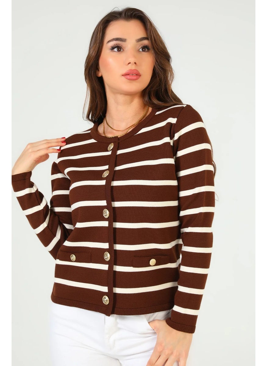 Women's Front Buttoned Striped Patterned Knitwear Cardigan (S-M-L Size Compatible)