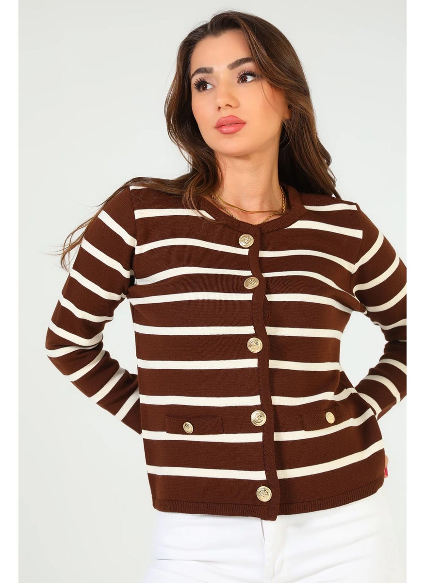Women's Front Buttoned Striped Patterned Knitwear Cardigan (S-M-L Size Compatible)