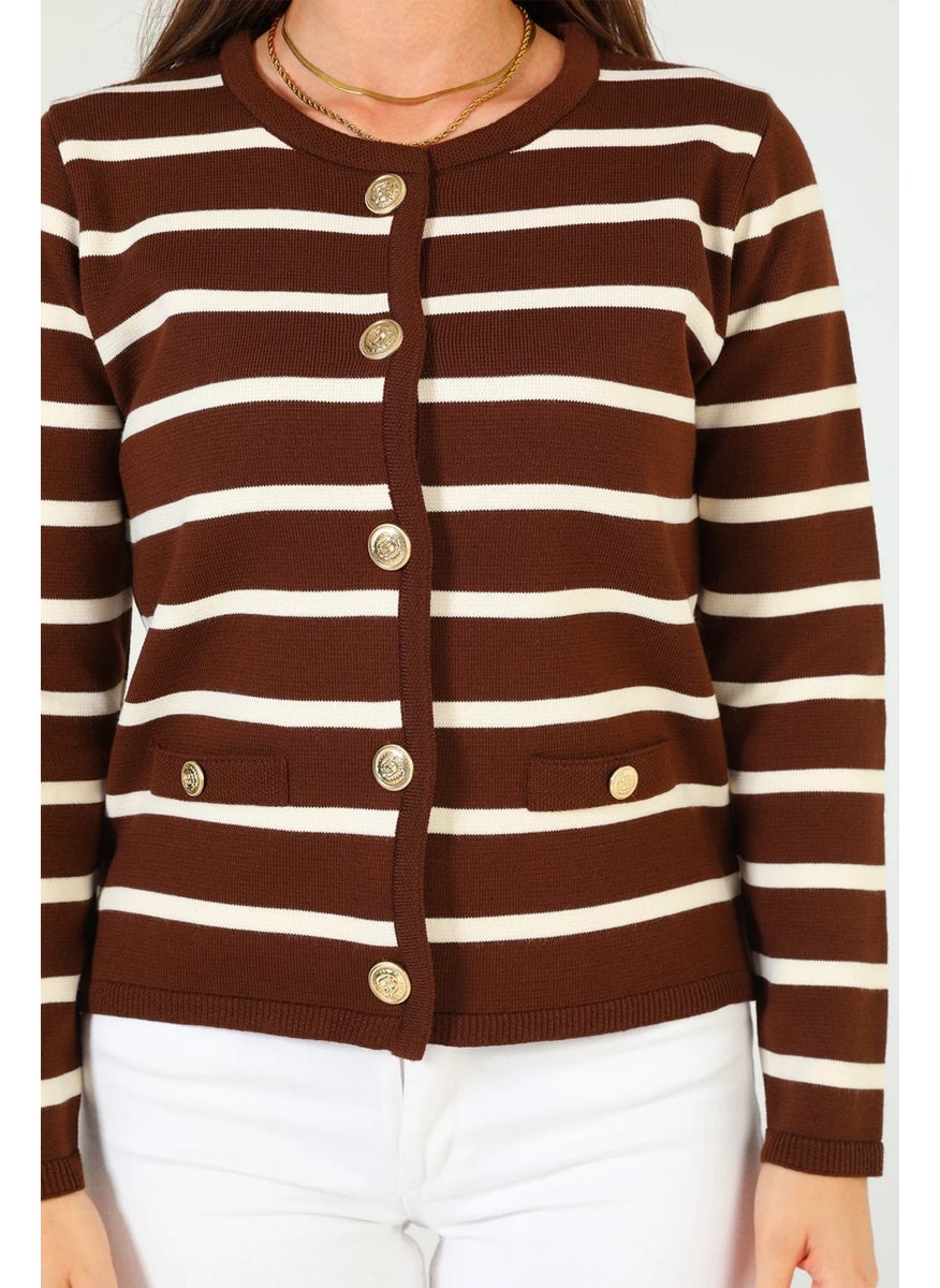 Women's Front Buttoned Striped Patterned Knitwear Cardigan (S-M-L Size Compatible)