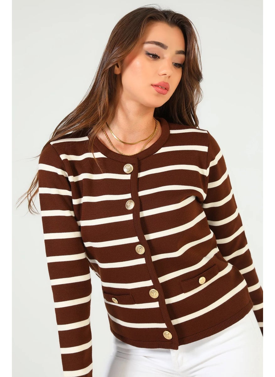 Women's Front Buttoned Striped Patterned Knitwear Cardigan (S-M-L Size Compatible)