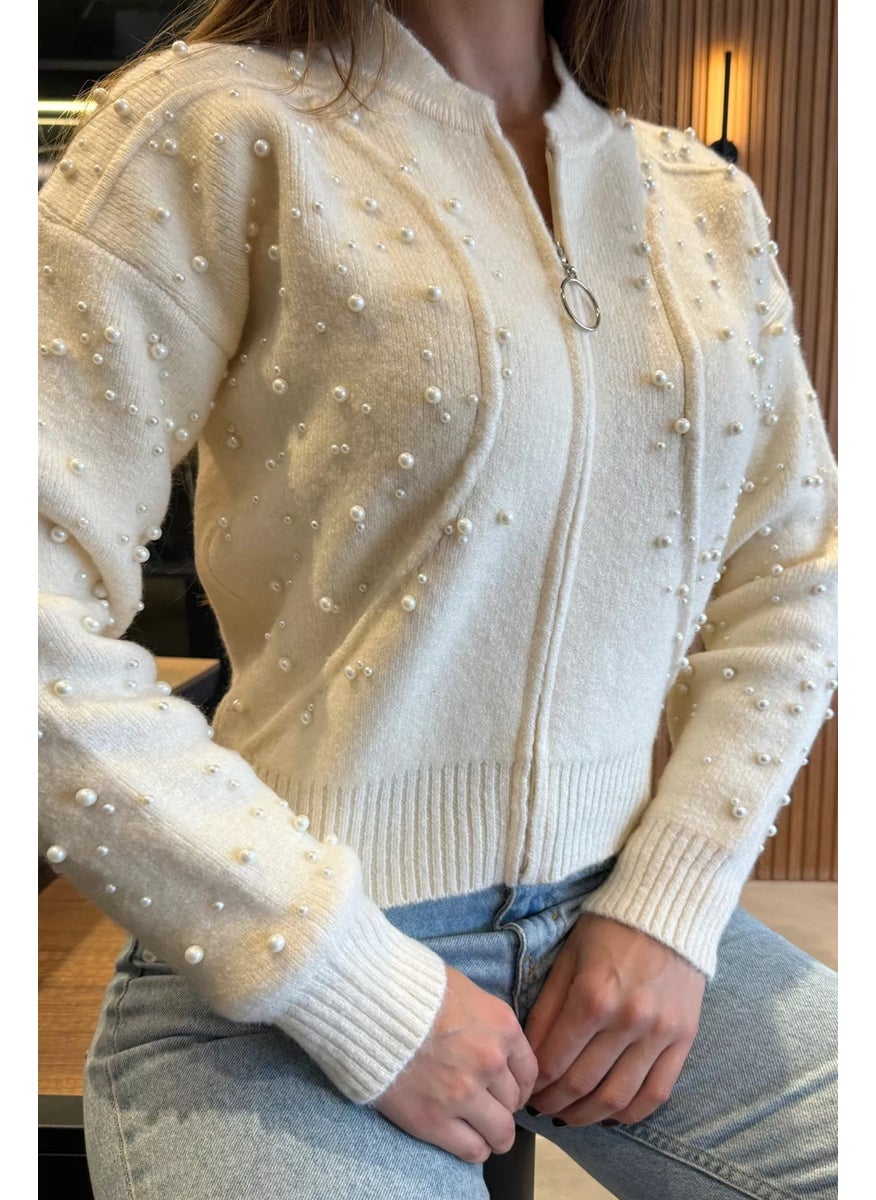 Modern Design Pearl Printed Zippered Women's Jacket Cardigan (S-M-L Size Compatible)