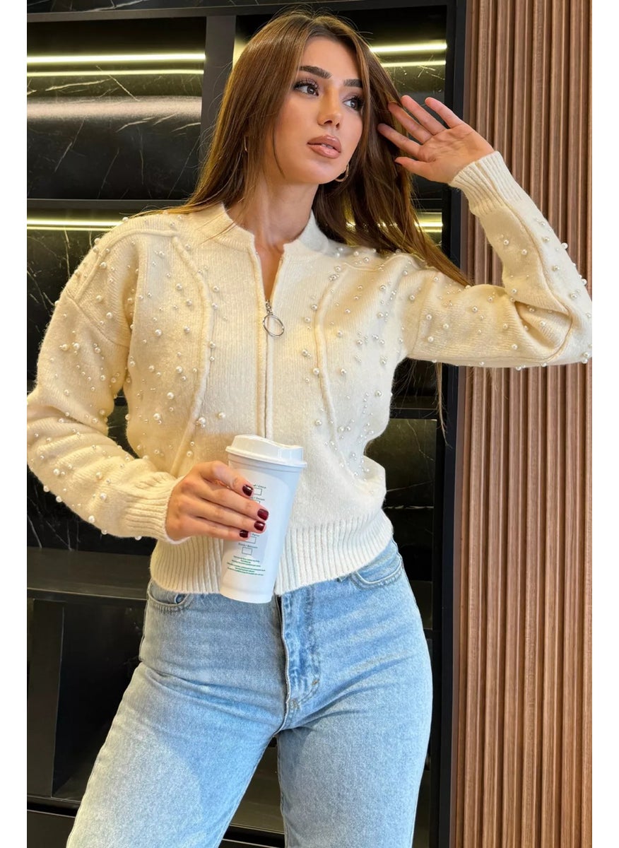 Modern Design Pearl Printed Zippered Women's Jacket Cardigan (S-M-L Size Compatible)