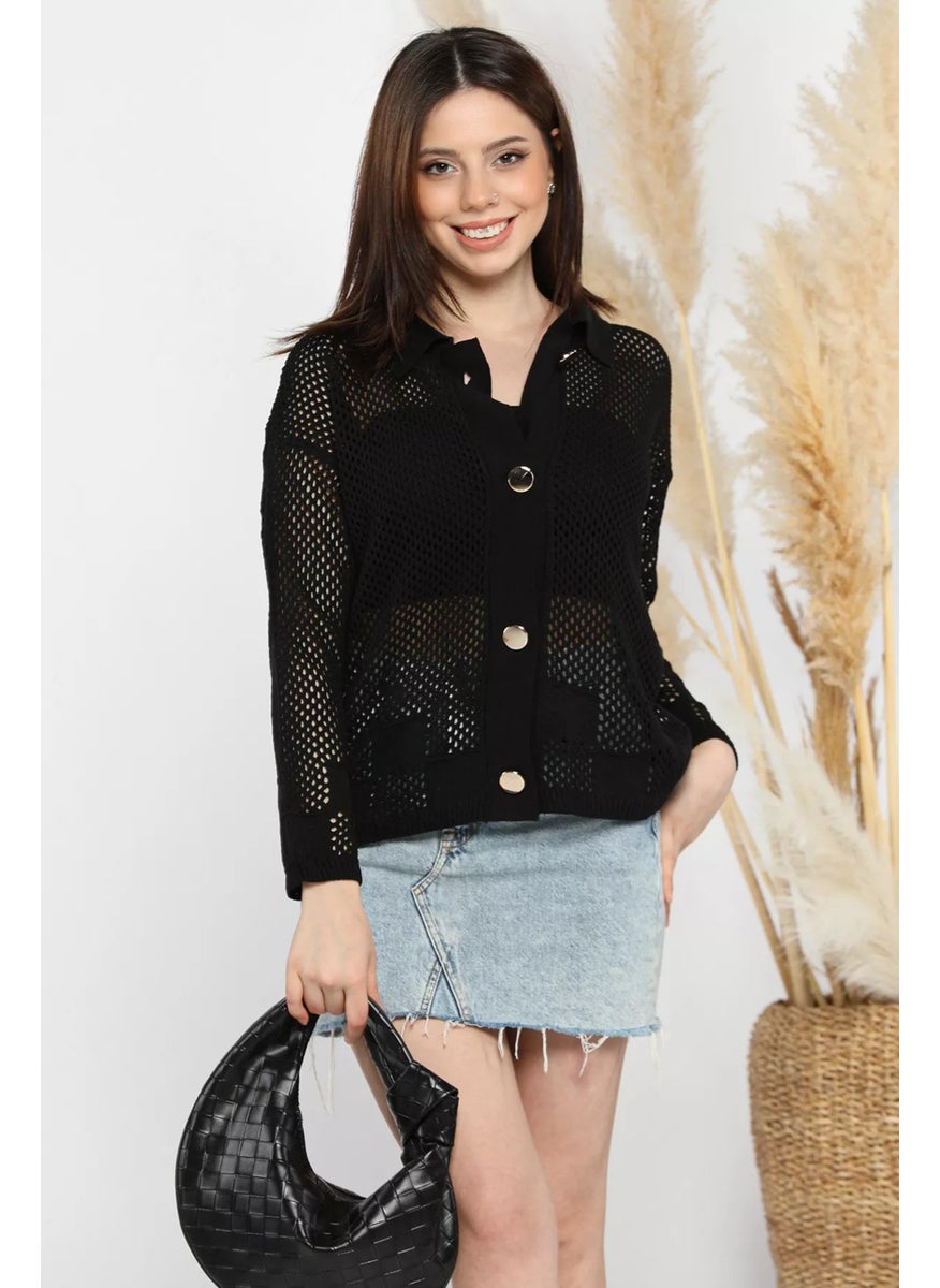 Gold Button Detailed Openwork Women's Knitted Cardigan