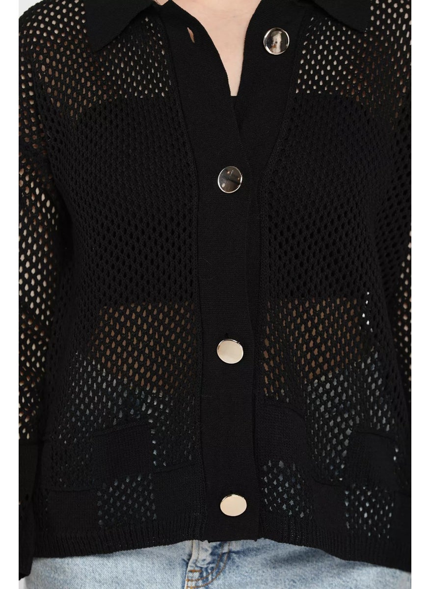 Gold Button Detailed Openwork Women's Knitted Cardigan