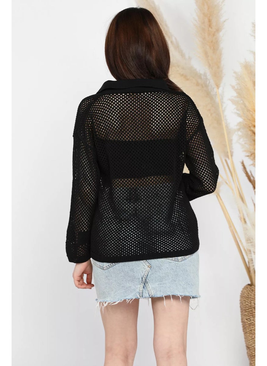 Gold Button Detailed Openwork Women's Knitted Cardigan