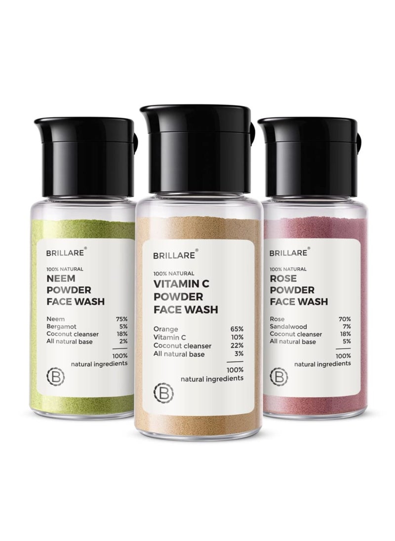 Brillare Powder face wash Combo, Neem, Vitamin C & Rose facewash, for Oily, Acne Prone, Pigmented, Ageing, Dry and Dull skin, 15 gram each