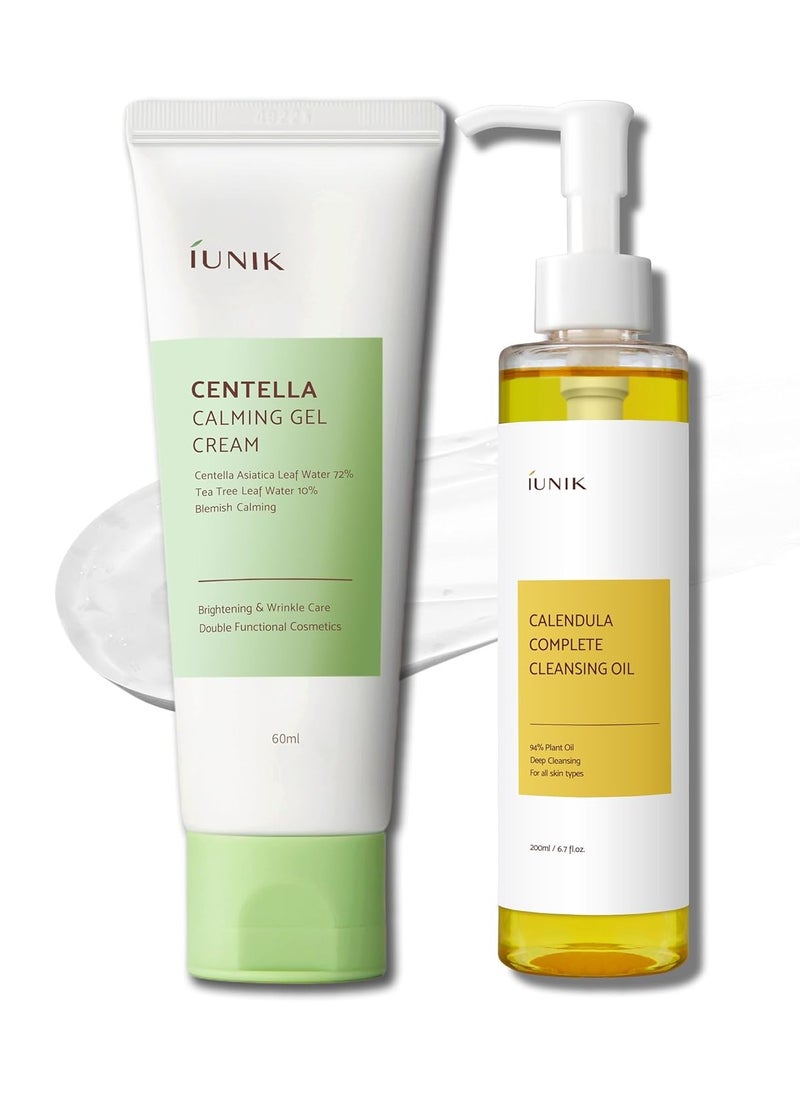 iUNIK Centella Calming Gel Cream & Calendula Jojoba Oil Cleansing Oil Vegan Gentle Cleaser & Moisturizer Non-Sticky Non-Greasy Oily Sensitive All Skin Types Plant-based Korean Skincare