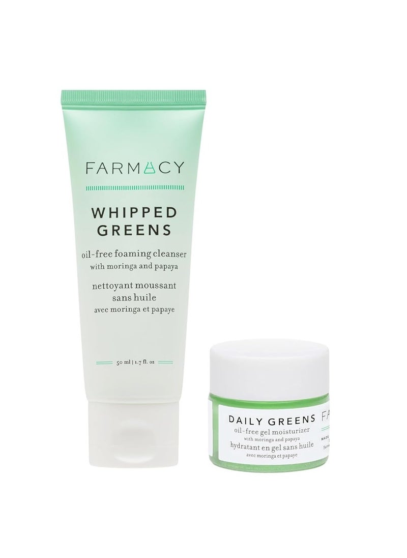 Farmacy Travel Duo - Daily Greens Oil Free Facial Moisturizer, Fragrance-Free (8ml) + Whipped Greens Oil-Free Gentle Facial Cleanser (50ml)
