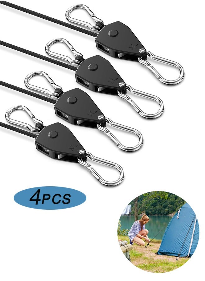 Retractable Heavy Duty Ratchet Tie Down Straps [4 Pack, 8ft, 75lbs/Pack], Rope Pulley System with Carabiner Hook for Hanging Plants/Grow Light/Tents Various Tie-Down Uses