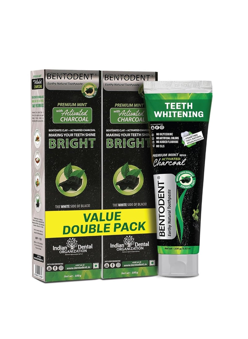 Bentodent toothpaste - Teeth Whitening Products | Activated Charcoal Mint Teeth Whitening Toothpaste | Enamel Safe, Natural | Foam free, Fluoride Free - (Pack of 2 Teeth Whitening Products)